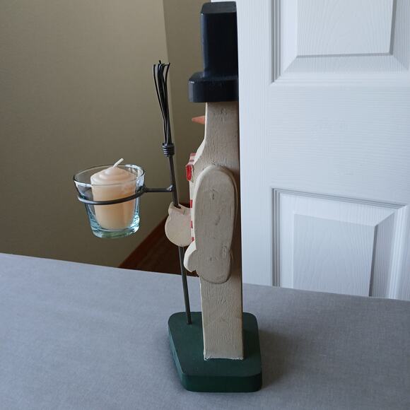 Handmade Vintage Wooden Snowman candle holder 13" tall made in Mexico votive - Picture 2 of 16